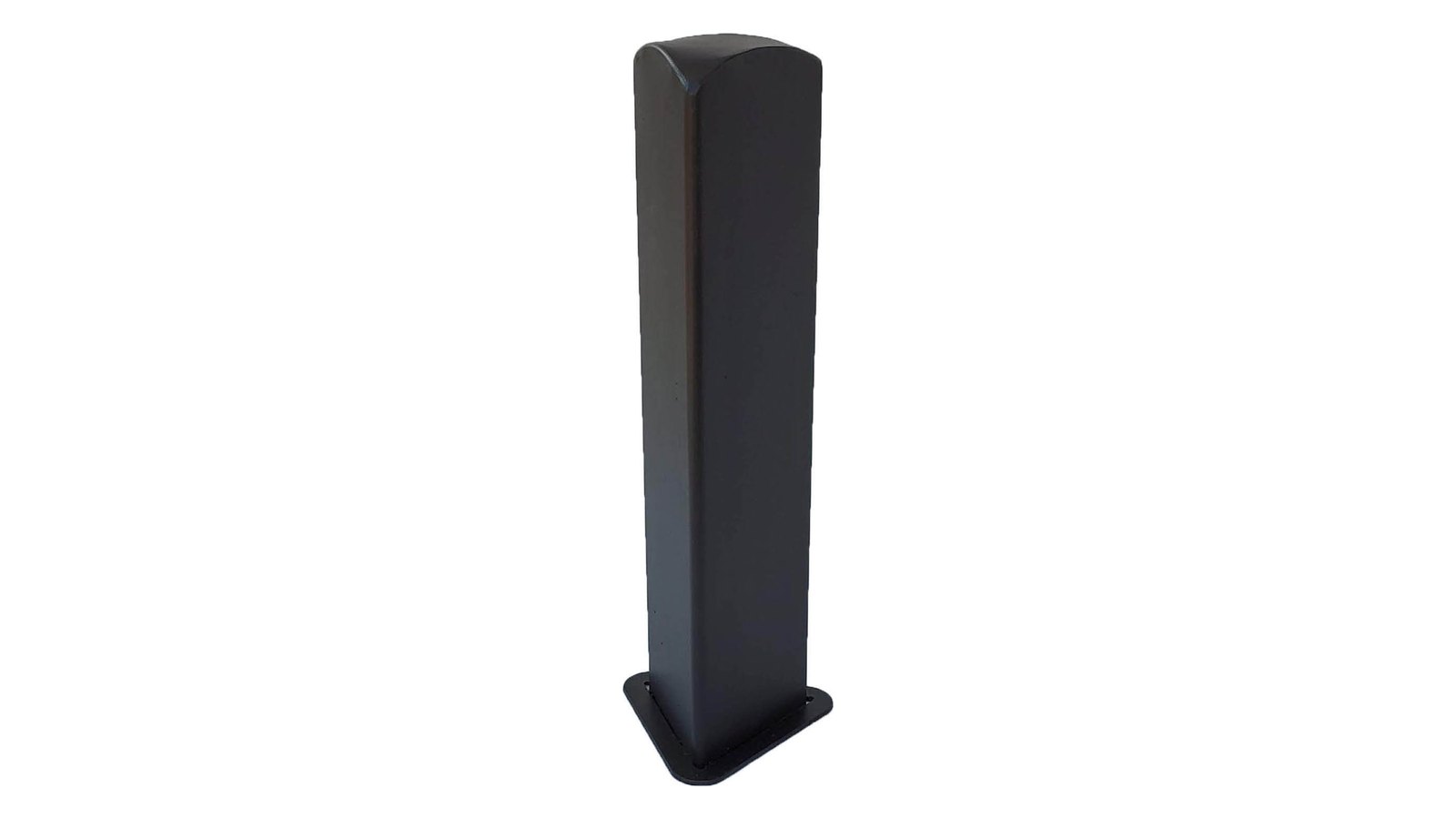 Bolardo Olivia, triangular y esbelto, de chapa de acero negro con anillo tapa junta en la base