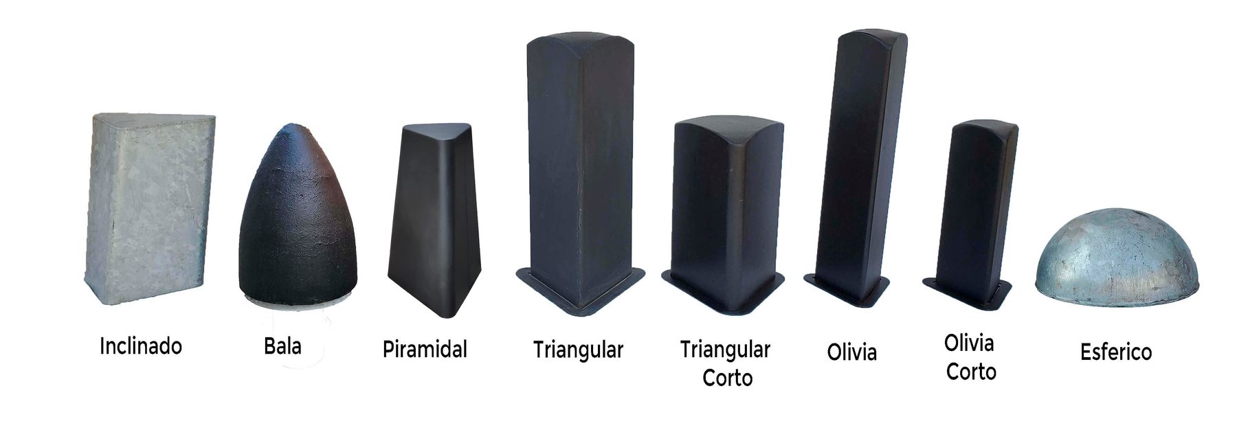Los ocho modelos de bolardo en fila: Inclinado, Bala, Piramidal, Triangular, Triangular Corto, Olivia, Olivia Corto y Esférico